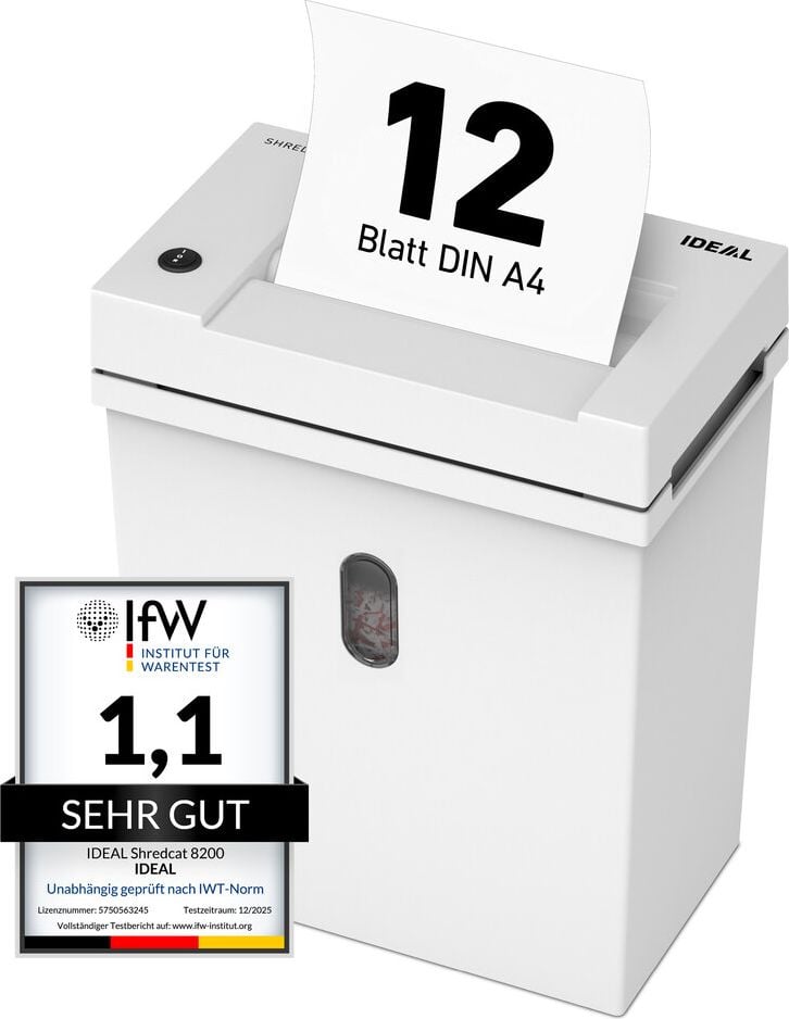 Aktenvernichter Ideal Shredcat 8200 CC P-5 82001111, 2x12mm Partikelschnitt, ca. 12-14 Blatt, 21 Liter Behälter, weiß