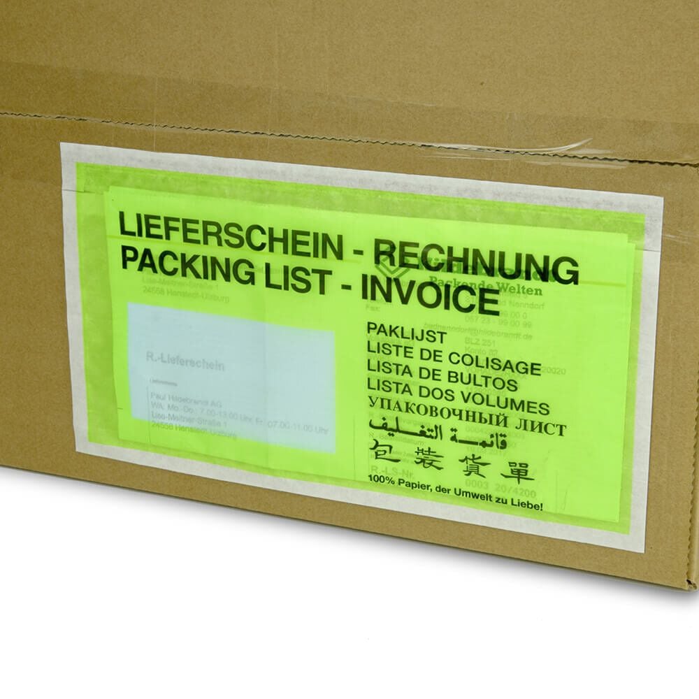 Lieferscheintaschen DIN-lang aus Papier, 228x120mm Innen, LIEFERSCHEIN/RECHNUNG,
Papier, dunkelgrün, Pack 1000 Stück