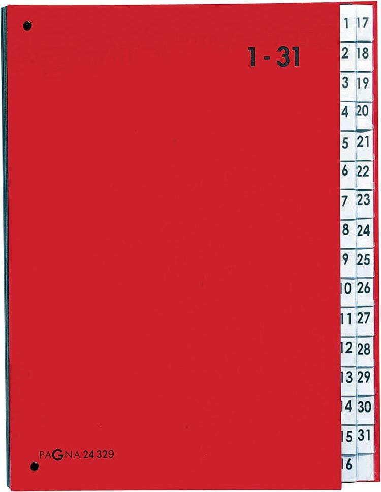 Pultordner Pagna 1-31 24329, 31 Fächer, Graukarton (RC) mit laminiertem
Papier, silber