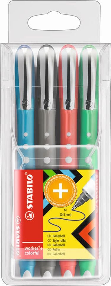 Tintenroller STABILO worker+ colorful 2019/4, 0,5mm, Etui mit 4 Farben