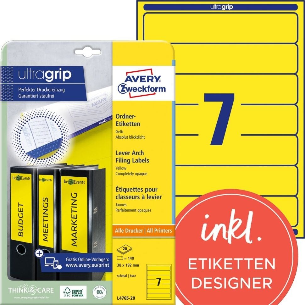 Rückenschilder Zweckform L4765-20 ultragrip, schmal/kurz, 192x38mm, auf A4, gelb, Pack 20
Blatt/140 Stück