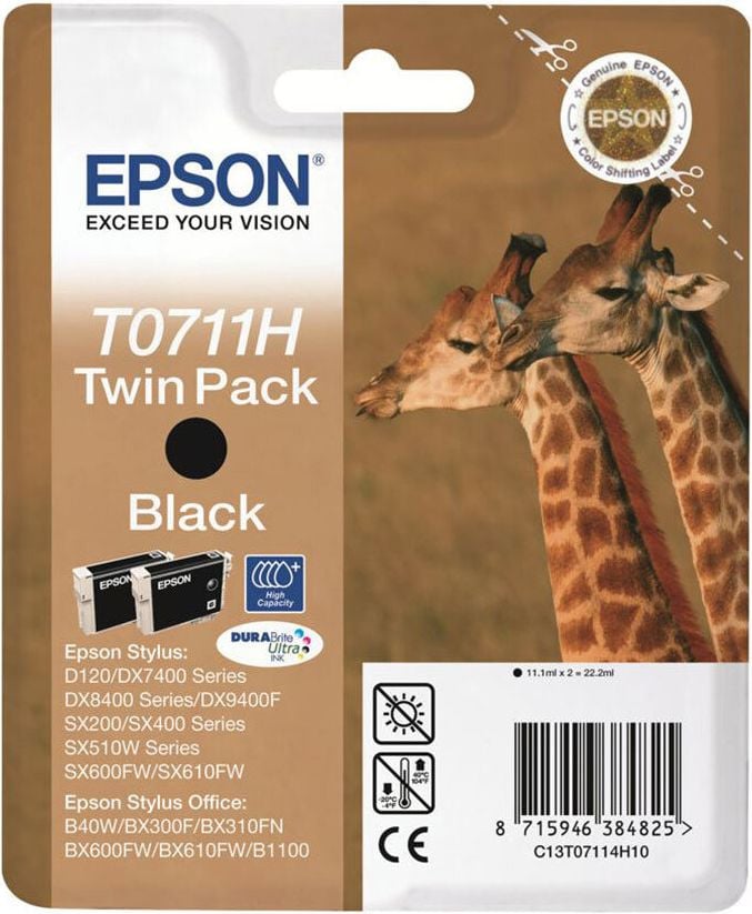 Epson Tintenpatrone T0711H, Dopppelpack schwarz, 2x11,1ml