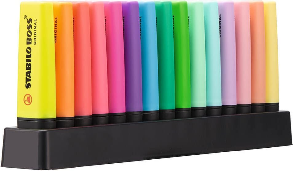 Textmarker STABILO BOSS ORIGINAL 7015-01-5, ca. 2-5mm, Keilspitze, Tischaufsteller mit
15 Farben