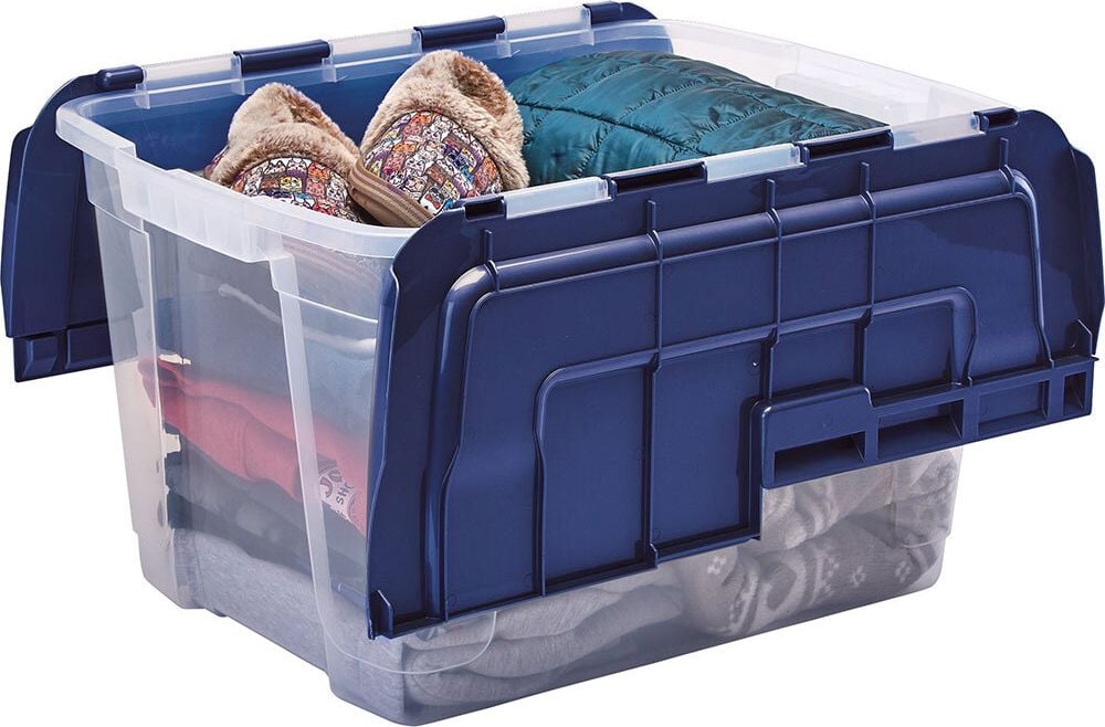 Aufbewahrungsboxen Bankers Box Tote Box with hinged Lid, 55 Liter, Außenmaße: 590x430x350mm (BxTxH), PP 100% BPA-frei, geteilter Deckel, transparent/blau