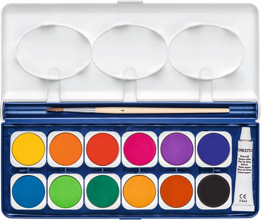 Deckfarbkasten Staedtler Noris Club 888 NC12, 12 Farben, 1 Deckweiß, 1 Feinhaarpinsel
(Größe 4)