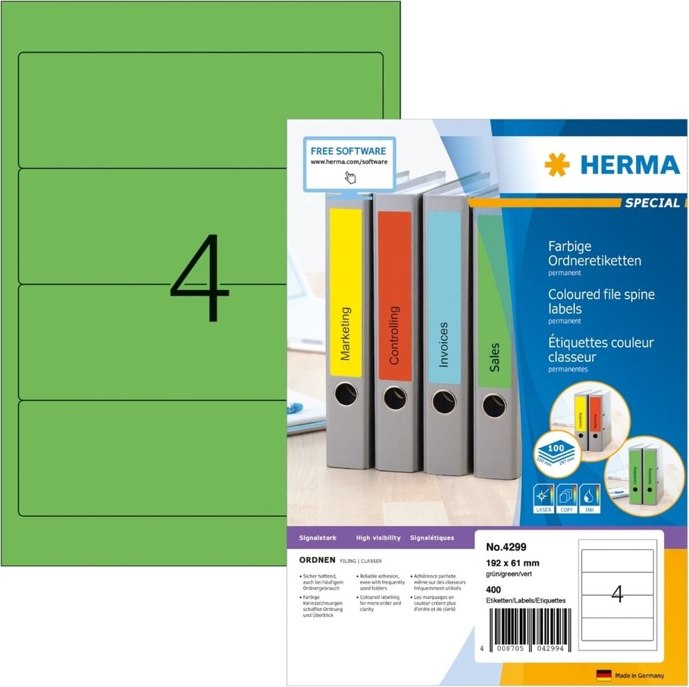 Rückenschilder Herma 4299, breit/kurz, 192x61mm, auf A4, grün, Pack 100
Blatt/400 Stück