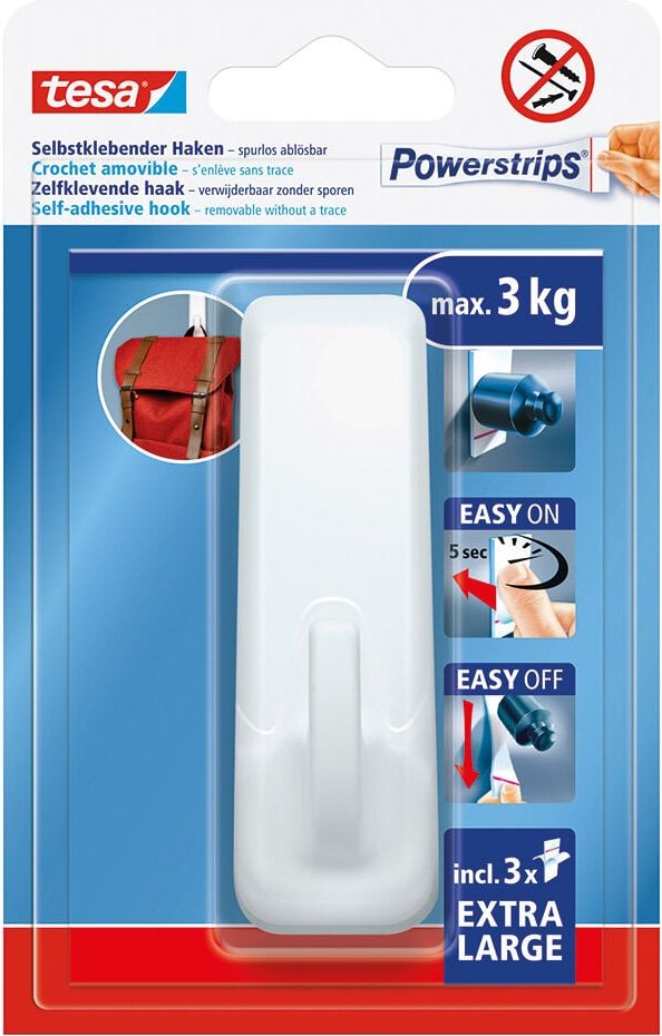 Powerstrips Tesa Haken XL Eckig 59029-00000-00, Haftkraft bis 3kg, weiß, ablösbar, wiederverwendbar, Pack 1 Haken/2 Powerstrips