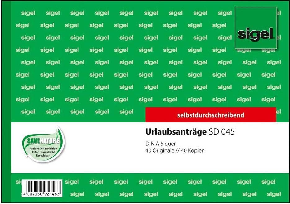 Urlaubsantrag Sigel SD045, DIN A5 quer, selbstdurchschreibend, Block
2x40 Blatt