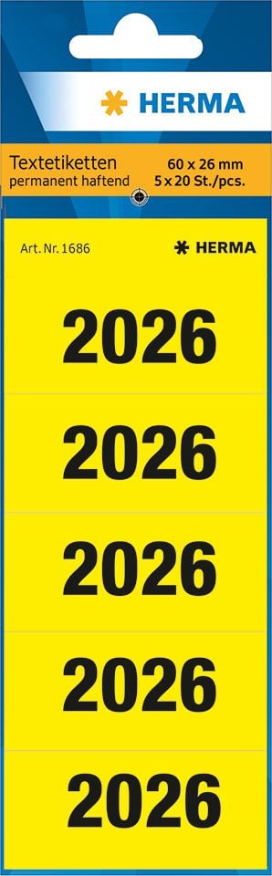 Inhaltsschilder für Ordner 2026 Herma 1686, gelb, 60x26mm, Beutel 100 Stück