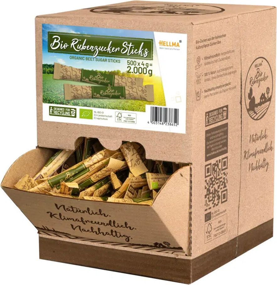 Bio-Rübenzuckersticks Hellma 60123865, Pack 500 Portionen/4g, einzeln verpackt im Displaykarton, Bio-zertifiziert DE-ÖKO-039