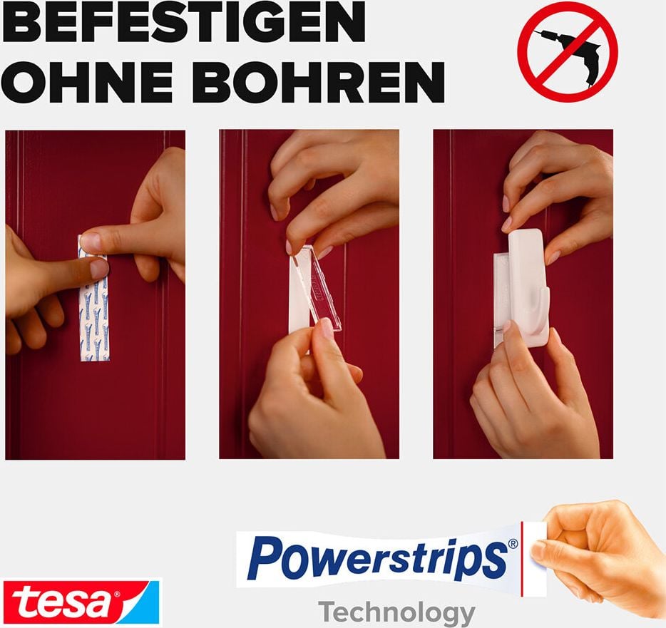 Powerstrips Tesa Haken XL Eckig 59029-00000-00, Haftkraft bis 3kg, weiß, ablösbar, wiederverwendbar, Pack 1 Haken/2 Powerstrips