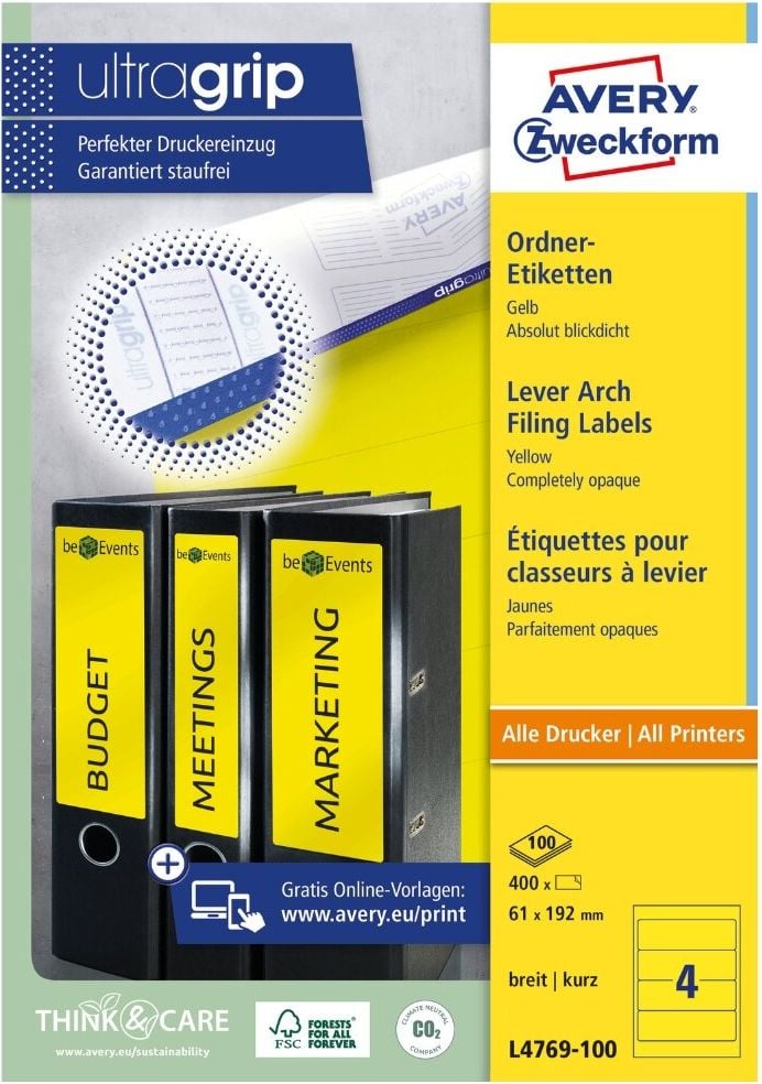Rückenschilder Zweckform L4769-100 ultragrip, breit/kurz, 192x61mm, auf A4, gelb,
Pack 100 Blatt/400 Stück