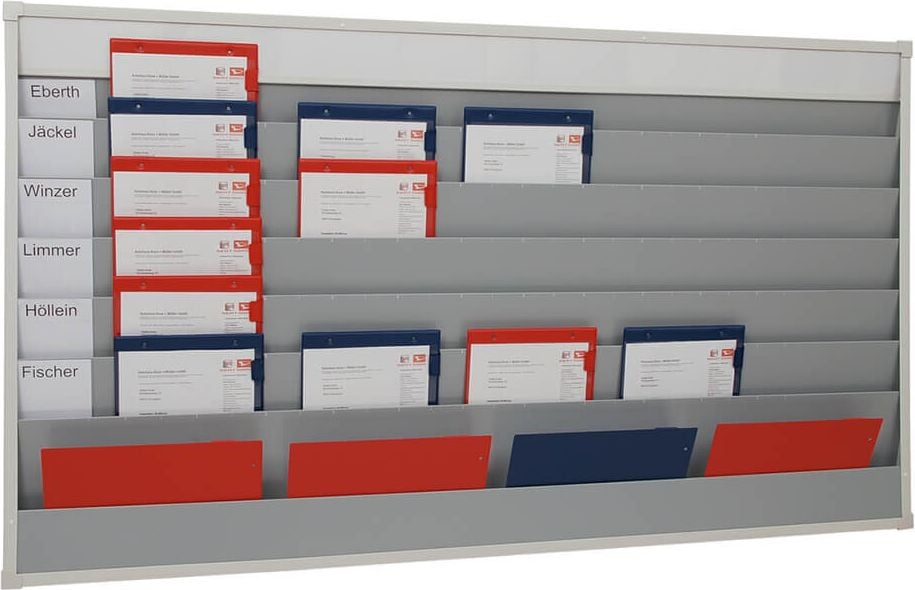 Werkstattplaner Eichner 9019-00114, für 30 x A4, 158x90cm (BxH), fünfreihig,
zusätzliches Ablagefach und Kopfleiste,
Kunststoff, grau