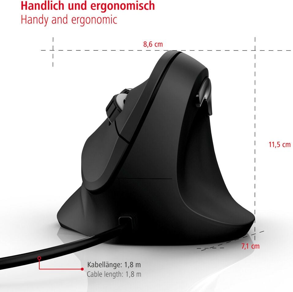 Maus Hama EMC-500 00182698, vertikal, für Rechtshänder, USB, 6 Tasten,
optischer Sensor, kabelgebunden, schwarz, schwarz