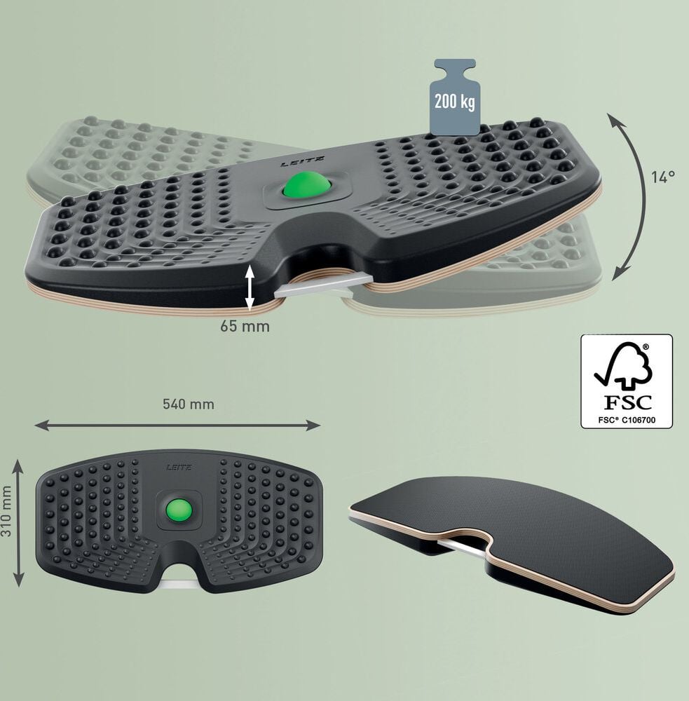 Anti-Ermüdungsboard Leitz Ergo Active Balance Board 6587, 54x6,5x31cm, 14 Grad Neigung, Holz/Schaumstoff, strukturierte Oberfläche, Tragegriff, dunkelgrau, dunkelgrau