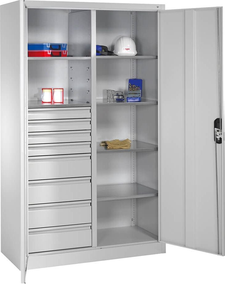 Werkstattschrank CP Serie 89 Werkzeugschrank 8931-305, 120x195x50cm (BxHxT), 6 Böden,
Mitteltrennwand, 7 Fächer, 8 Schubladen,
2 Flügeltüren, hellgrau