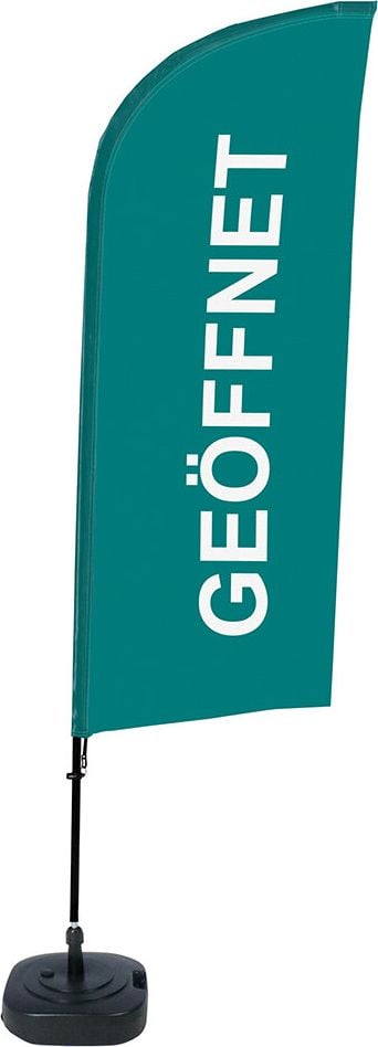 Fahne Showdown Displays Beachflag GEÖFFNET, 110,5x330x48cm, farbige Beachflag mit Print-Design GEÖFFNET und Wassertank-Basis, grün