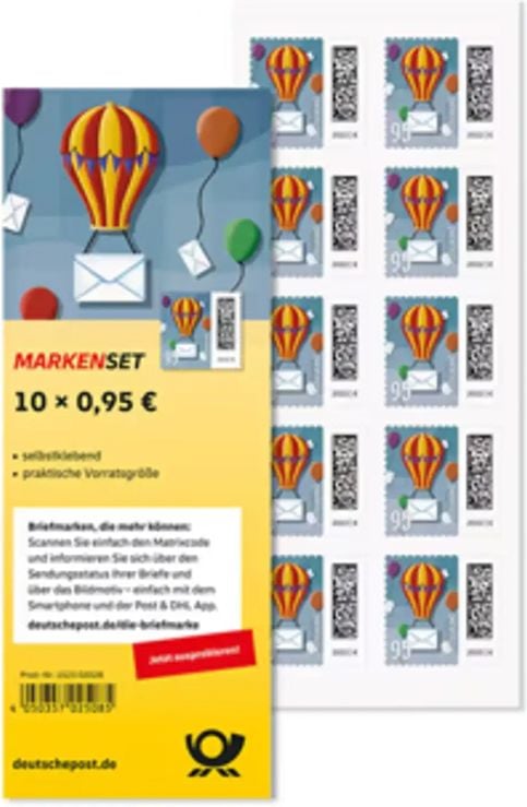 Briefmarken Deutsche Post Markenset, Standardbrief, Portowert 0,95 Cent, bis 20g,
Pack 10 Stück, selbstklebend, Motivauswahl
nicht möglich