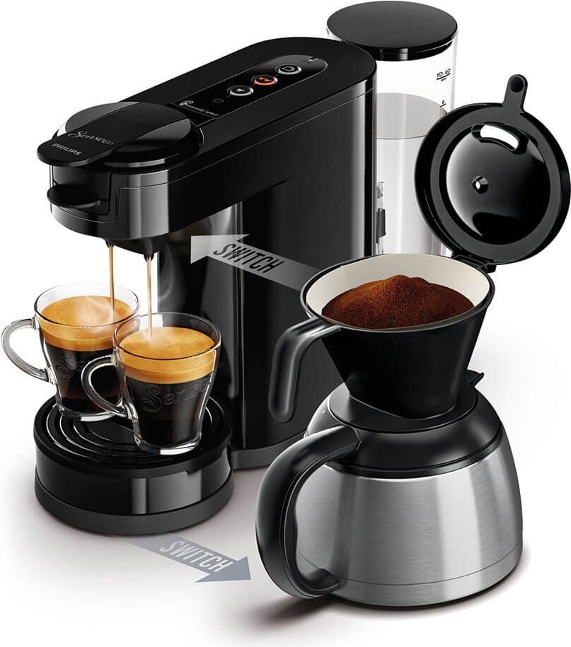 Kaffeepadmaschine Philips Senseo Switch Pad-& Filtermaschine, für 2 oder 7 Tassen, für alle Senseo Pads und
Filterkaffee, inkl. Thermokanne für 1 Liter,
1450 Watt, schwarz
