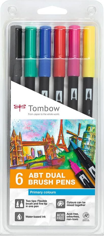 Fasermaler Tombow Abt Dual Brush Pen ABT-6P-1, 2 Spitzen (ca. 0,8 + ca. 0,8-3,3mm), Etui mit
6 Primärfarben