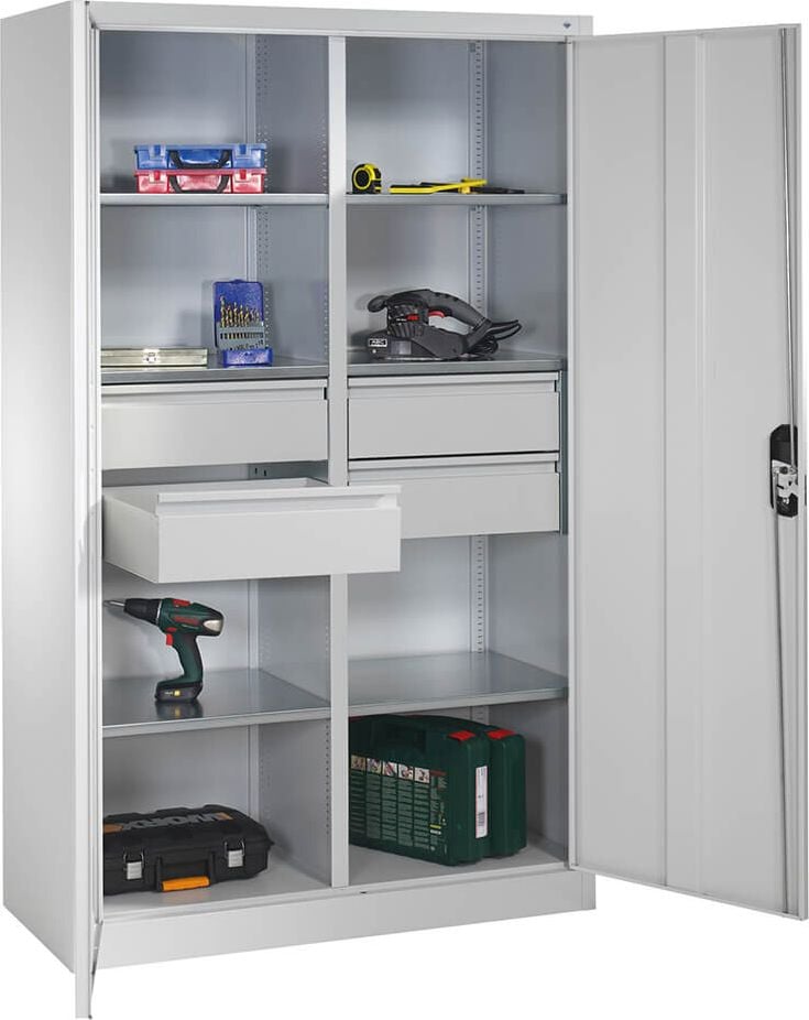 Werkstattschrank CP Serie 89 Werkzeugschrank 8931-3042, 120x195x50cm (BxHxT), 6 Böden,
Mitteltrennwand, 8 Fächer, 4 Schubladen,
2 Flügeltüren, hellgrau