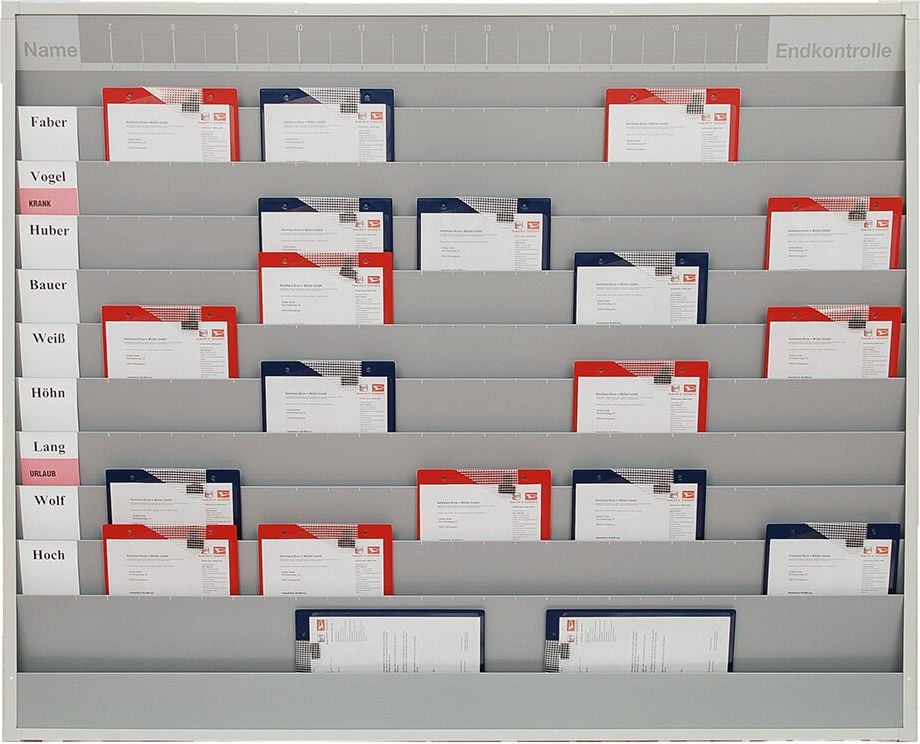 Werkstattplaner Eichner 9019-00589, für 50 x A4, 1580x1282x78mm (BxHxT), fünfreihig,
zusätzliches Ablagefach und Kopfleiste
(Zeitstrahl-Beschriftung), grau
