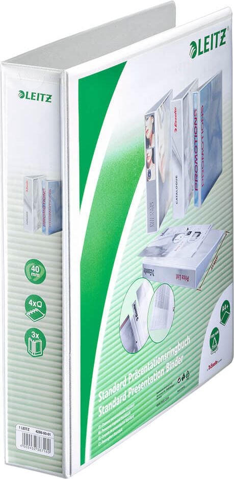 Präsentationsringbuch Leitz Standard 42860001, A4, 4 Ringe, 63mm Rücken, 40mm
Ringdurchmesser/Füllhöhe, weiß, Pack 4 Stück, weiß