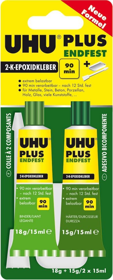 Zweikomponenten-Epoxidharzkleber Uhu plus endfest 45670, Tube 33g, Set: Binder+Härter