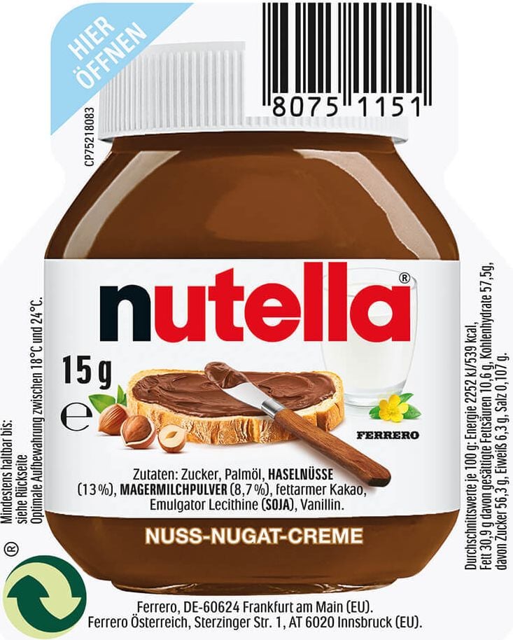 Nussnugatcreme Ferrero Nutella 70000067, Nussnugatcreme, Pack 120 Portionen á 15 g