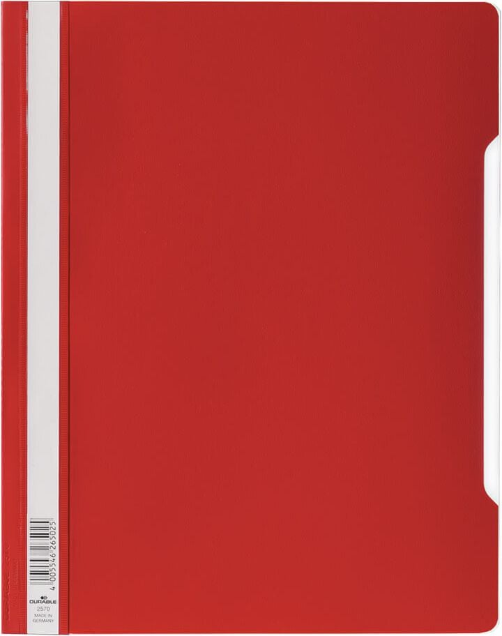 Schnellhefter Durable Sichthefter STANDARD A4 Überbreit 2570, PVC-Hartfolie, transparenter Vorderdeckel,
Pack 50 Stück, rot