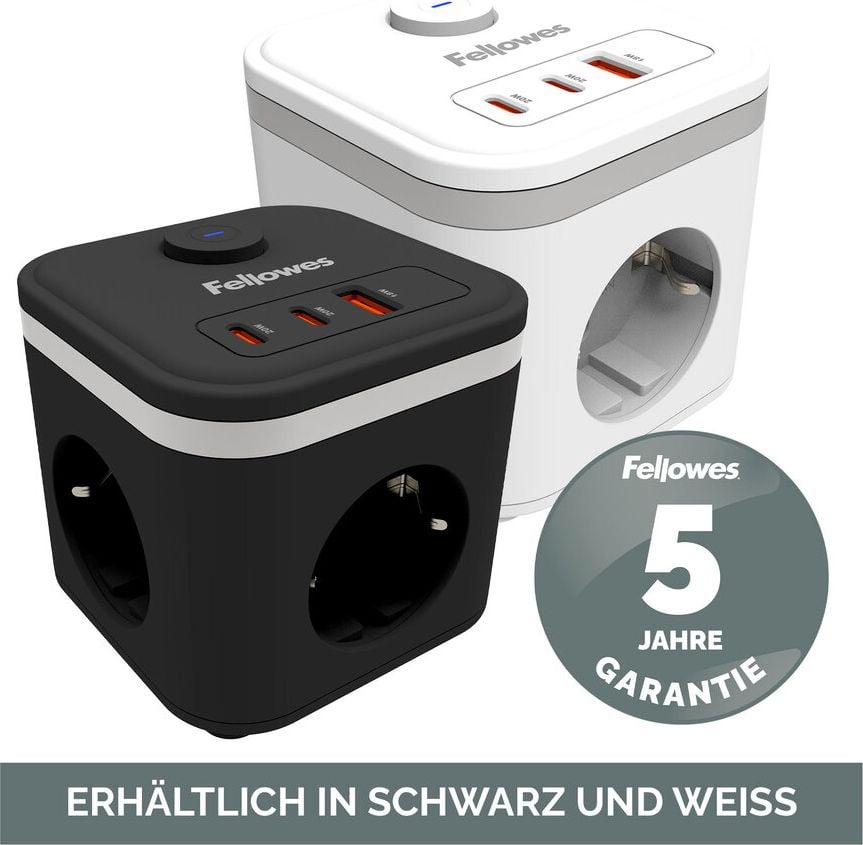 Steckdosenwürfel Fellowes Power Cube Type F, 3x Steckdosen, 1x USB-A, 2x USB-C, Kabellänge
2m, Ein-/Ausschalter, weiß