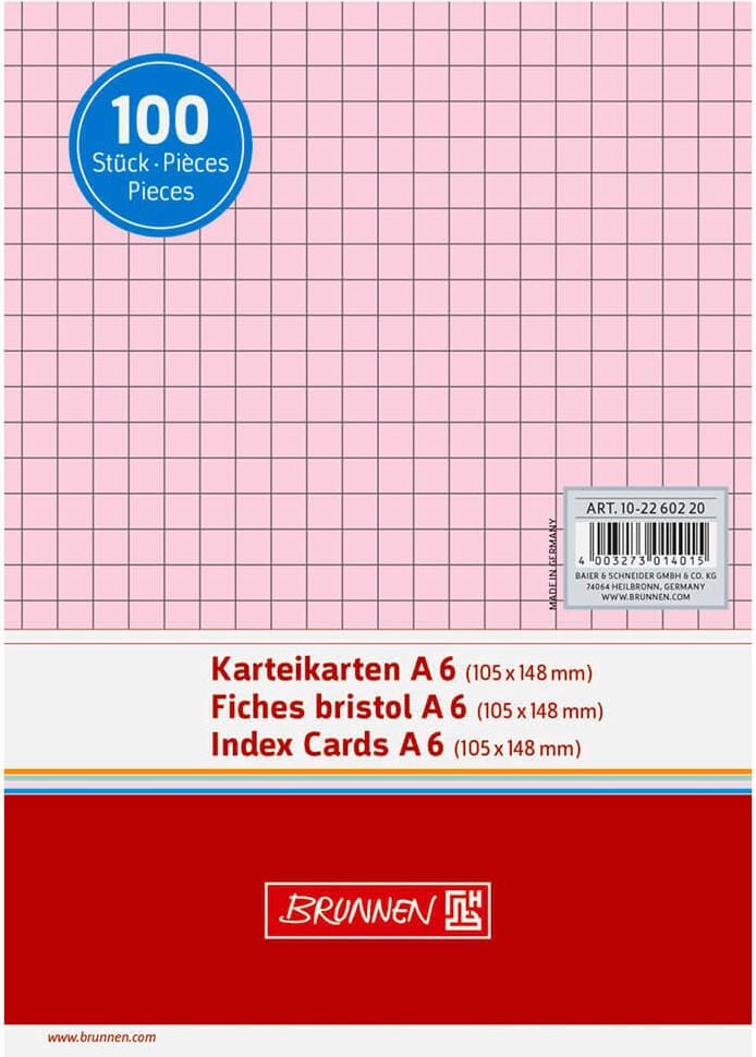 Karteikarten Brunnen A6, kariert, Pack 100 Stück, rot