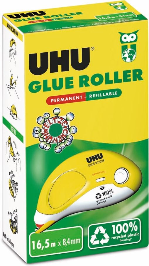 Kleberoller UHU Glue Roller 35415, 8,4mm breit/16,5m lang, permanent,
nachfüllbar, lösungsmittelfrei, Gehäuse aus
100% recyceltem Kunststoff
