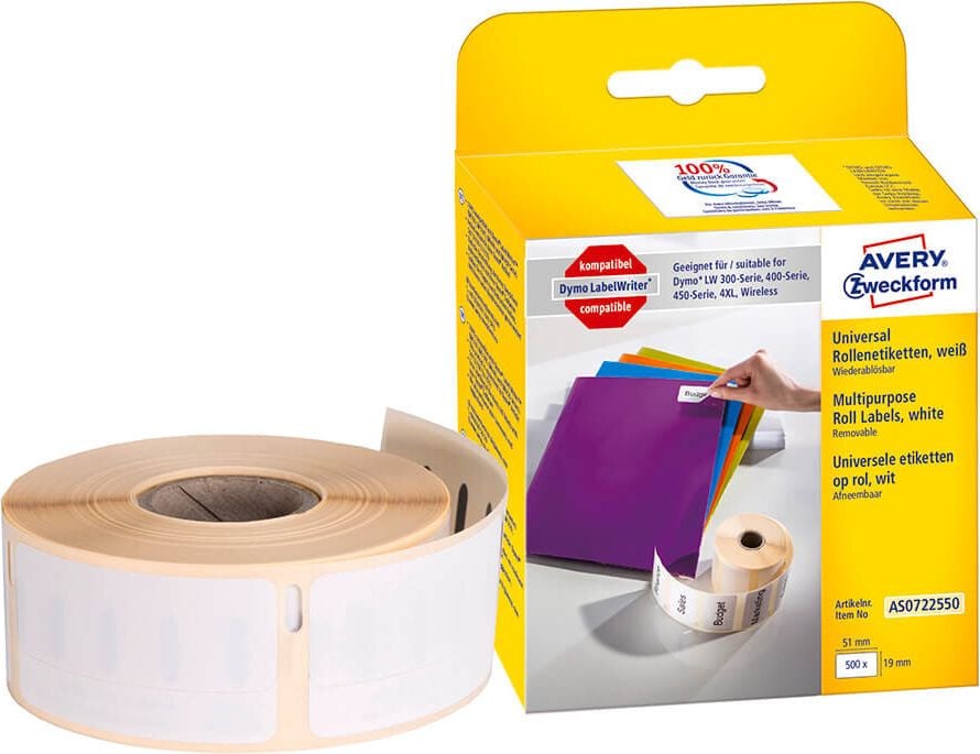 Rollen-Vielzwecketiketten Zweckform AS0722550, 19x51mm, Papier, weiß, ablösbar, Rolle 500
Etiketten