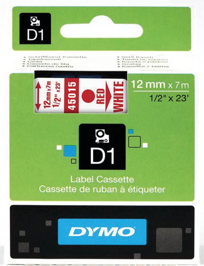 Schriftbänder Dymo D1 45015/S0720550, rot auf weiß, 12mm/7m