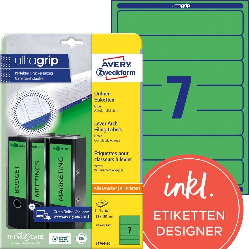 Rückenschilder Zweckform L4764-20 ultragrip, schmal/kurz, 192x38mm, auf A4, grün, Pack 20
Blatt/140 Stück