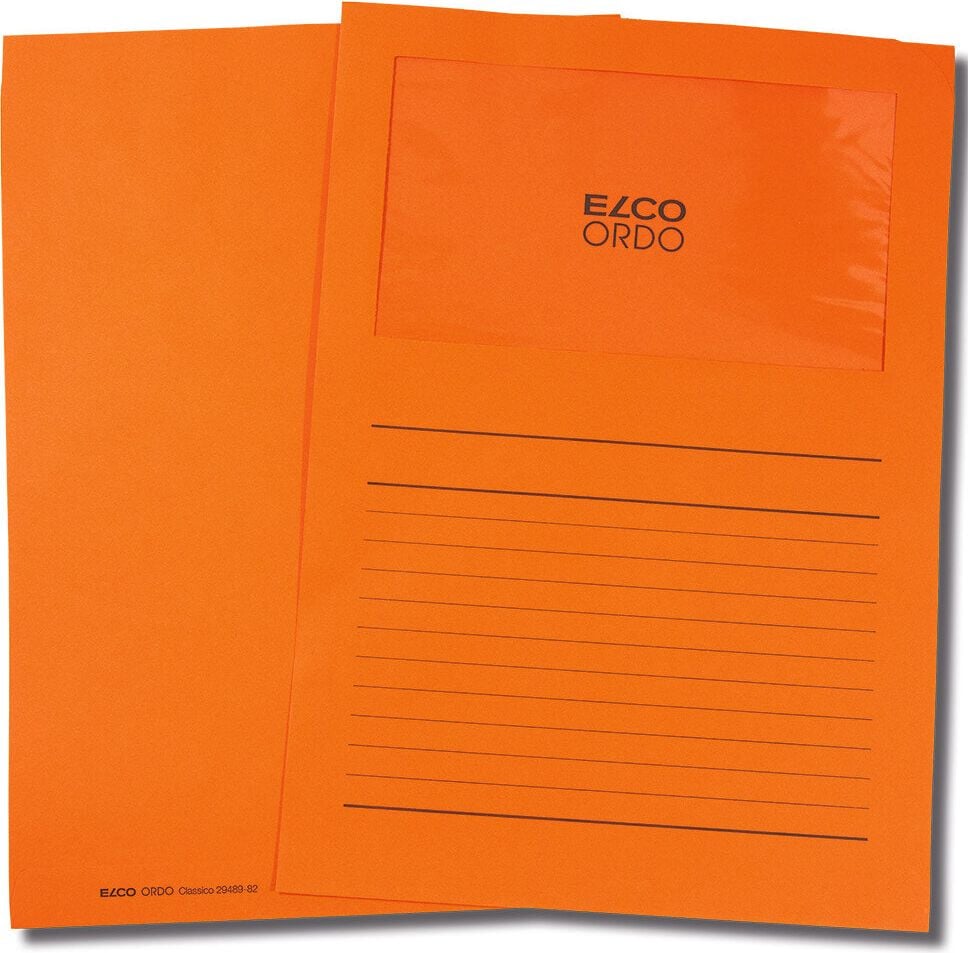Sichtmappen Elco Ordo classico Organisationsmappe 29489, A4, Karton 120 g/m², Sichtfenster,
Linienaufdruck, Pack 100 Stück, orange