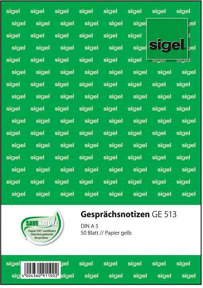Gesprächsnotizen Sigel GE513, DIN A5 hoch, gelb, Block 50 Blatt