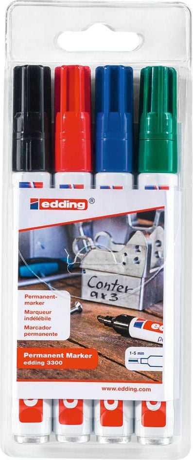 Permanentmarker Edding 3300-4, ca. 1-5mm, Keilspitze, Etui mit 4 Farben, Schaft 100% recyceltes Aluminium