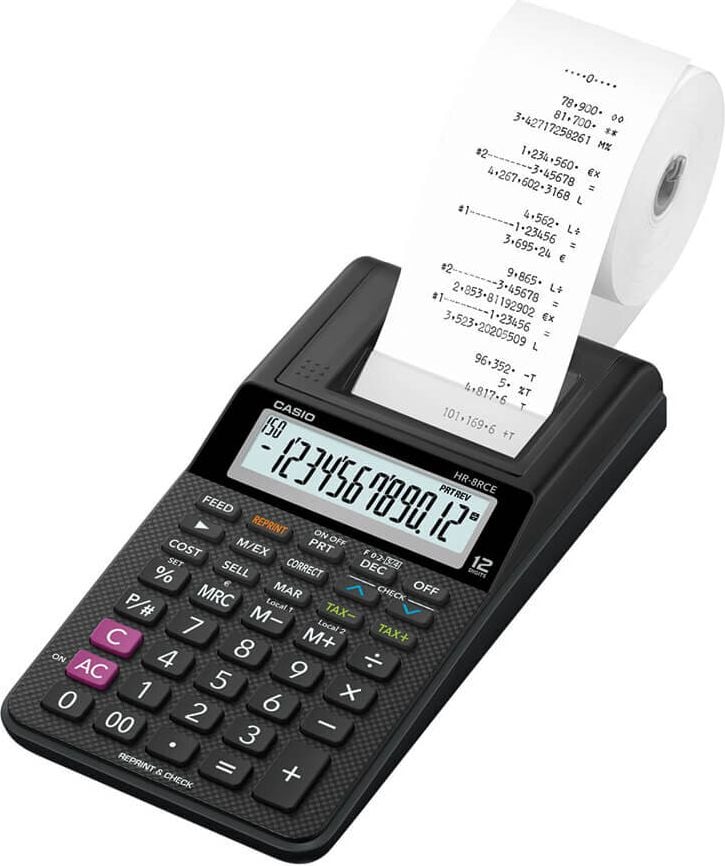 Tischrechner Casio HR-8RCE, druckend, 12-stelliges Display, Batterie- und Netzbetrieb, schwarz