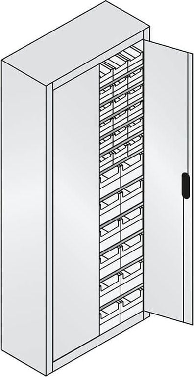 Werkstattschrank CP Serie 13 Magazinschrank 133413-23, 70x169x30cm (BxHxT), 11 Böden,
60 Sichtlagerkästen, 2 Flügeltüren, hellgrau