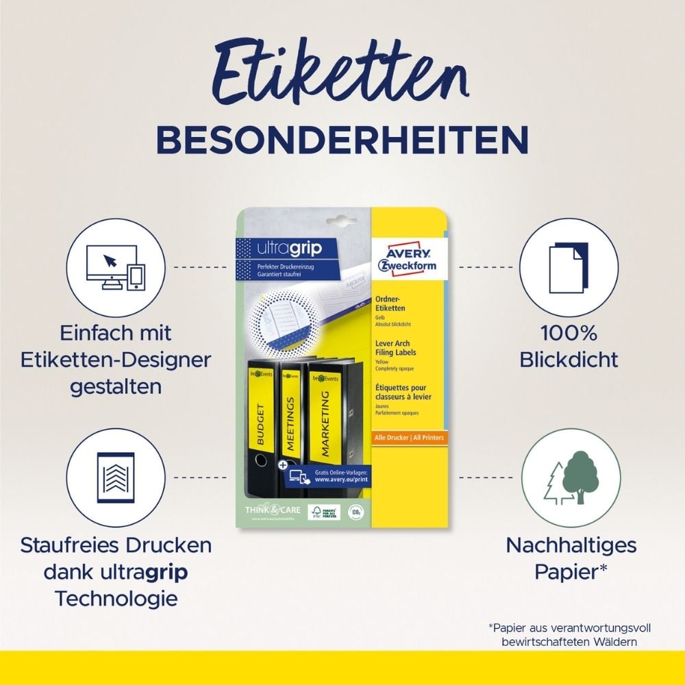 Rückenschilder Zweckform L4769-100 ultragrip, breit/kurz, 192x61mm, auf A4, gelb,
Pack 100 Blatt/400 Stück