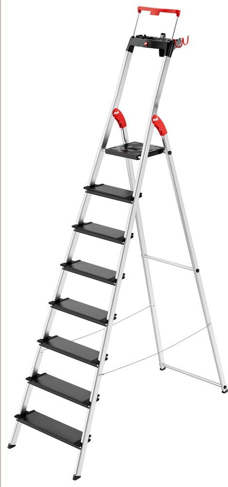 Stehleiter Hailo TopLine L100 8050-807, Sicherheits-Stufenstehleiter, 8 Stufen, belastbar bis 150 kg, Multifunktions-Ablage, Eimerschlaufe, Sicherheits-Haltebügel