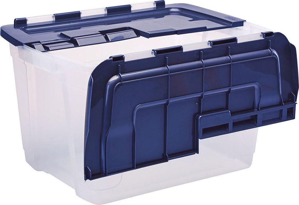 Aufbewahrungsboxen Bankers Box Tote Box with hinged Lid, 55 Liter, Außenmaße: 590x430x350mm (BxTxH), PP 100% BPA-frei, geteilter Deckel, transparent/blau