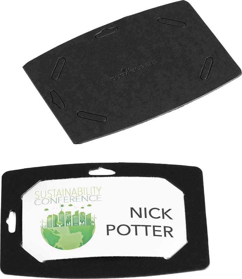 Namensschilder Durable 827201, 40x75mm, Clip-Ausstanzung (ohne Clip), Recyclingkarton, schwarz, Pack 20 Stück