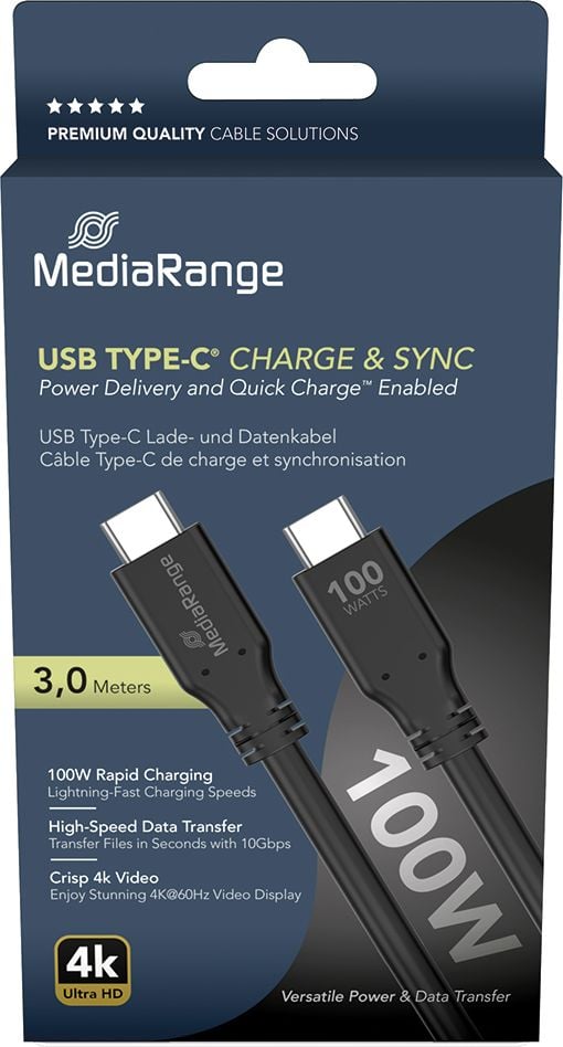 Lade- und Datenkabel MediaRange MRCS218, Stecker 2x USB C 3.2 Gen 1x2, bis zu 100 Watt, E-Mark-Chip, 3m Kabellänge, schwarz