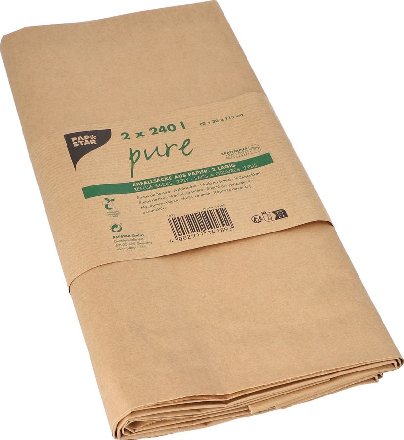 Abfallsäcke Papstar pure 14189 aus Papier 240 Liter, 115x80x30cm, 2-lagiges Kraftpapier 70 g/m², 240 Liter, braun, Pack 2 Stück