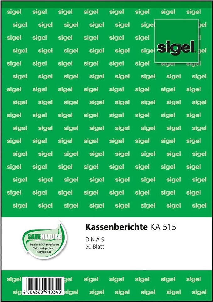 Kassenbericht Sigel KA515, DIN A5 hoch, Block 50 Blatt