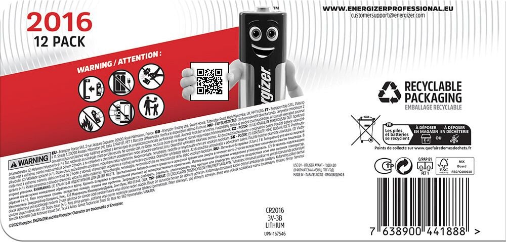 Knopfzellen Energizer Lithium CR2016, 3 Volt, frei von Quecksilberzusatz, Pack 12 Stück