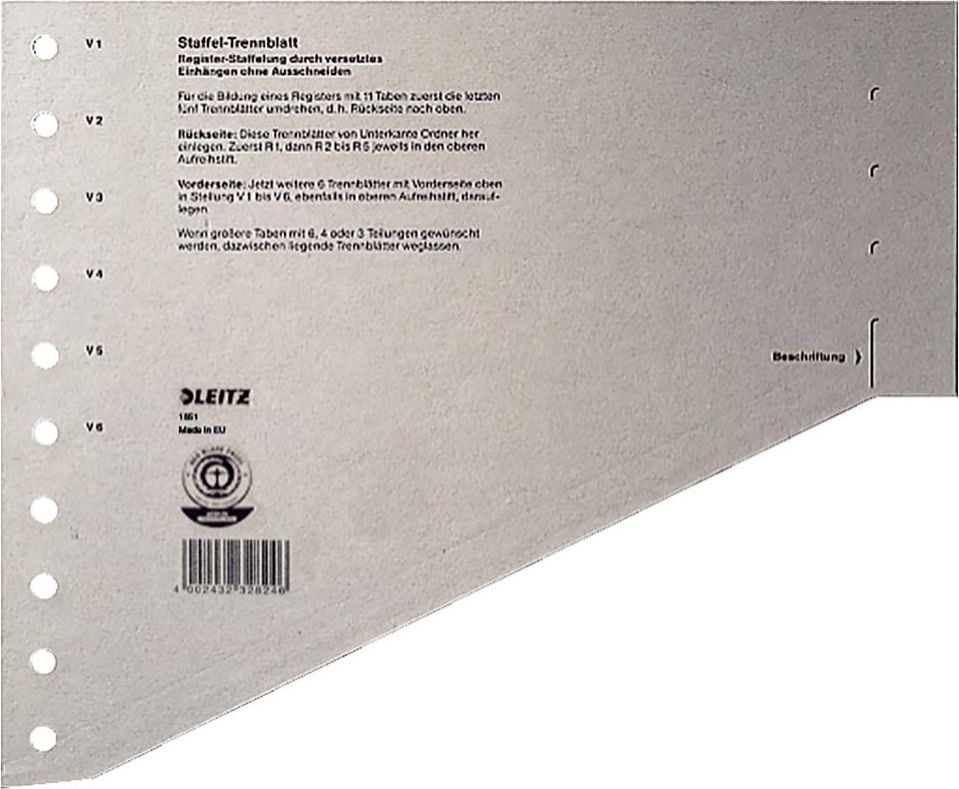 Staffeltrennblätter Leitz 1651, A4, gelocht, Kraftkarton 200 g/m², grau, Pack
100 Stück